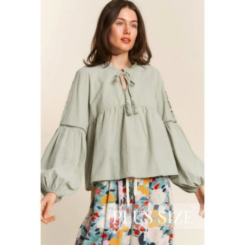 🏷️J.NNA Boho Cotton Crochet Lantern Sleeve Keyhole Tie Blouse Top 2X